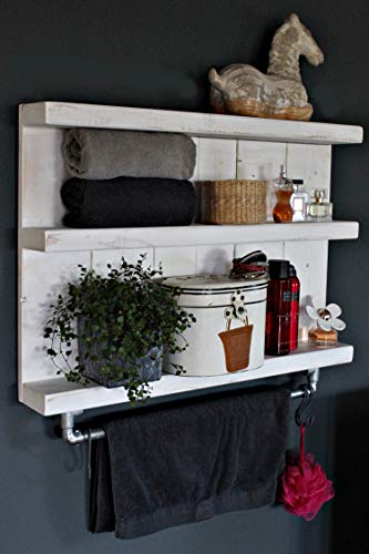 Dekorie Badregal aus Holz - Farbe: Weiß - Maße (HxBxT): 55 cm x 79 cm x 12 cm - Vintage Badezimmer Regal für die Wand inklusive Aufhängung für Handtücher