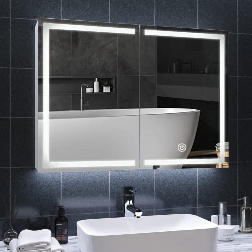 DICTAC Bad LED Beleuchtung und Steckdose Doppelspiegel 80x13.5x60cm Metall Ablage,Badschrank Spiegel,3 Farbtemperatur dimmbare,Berührung Sensorschalter,Weiß