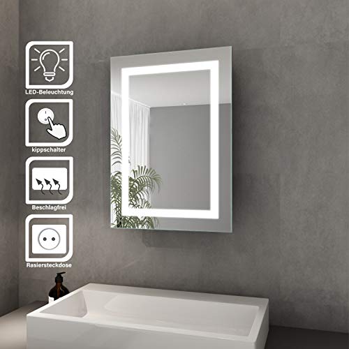 ELEGANT Bad Spiegelschrank mit Beleuchtung Schiebetür LED Licht Badezimmer Spiegelschrank Bad Hängeschrank mit Steckdose und Kippschalter 50 x 70 cm