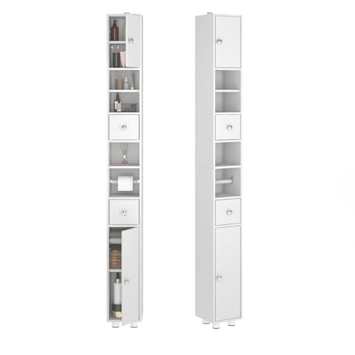 Songvas Badzimmerschrank Schmal, Badschrank Klein mit Schubladen, Fächern, Verstellbaren Regalen, Toilettenpapierhalter, Schranktüren, Badschrank Hoch, Badezimmer Hochschrank, 20 x 20 x 180 cm, Weiß