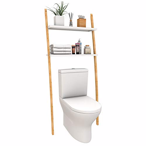 Toilettenregal Waschmaschinenregal Badregal aus Bambus, Bad WC Regal Waschmaschinenschrank mit 2 Ablagen-173x66x25cm (Braun-Weiß)