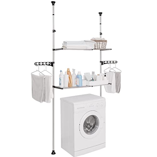 Verstellbares 2-stöckiges Teleskop-Badregal über der Toilette mit Haken, platzsparendes Metall-Aufbewahrungsregal für Boden-zu-Decken-Nization & stilvolle Badezimmer-Dekoration