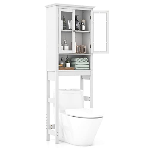 COSTWAY Toilettenschrank mit Verstellbarer Ablage, Waschmaschinenschrank mit Glastür, Toilettenregal Holz, weiß, 60 x 30 x 173 cm