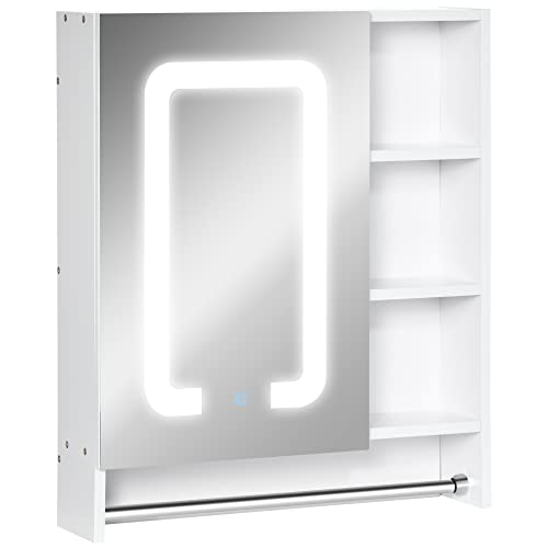 kleankin Spiegelschrank Badspiegel mit dimmbarem LED-Beleuchtung Badschrank Hängeschrank Badezimmerspiegel Badmöbel Mehrzweckschrank für Badezimmer Handtuchhalter MDF Weiß 60 x 15 x 69 cm