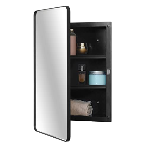 Fundin Kunststoff-Spiegelschrank , Spiegeltür mit abgeschrägten Kanten und Metallrahmen mit runden Ecken, Einbau- und Oberflächenmontage, Schwarz, 40 x 61cm