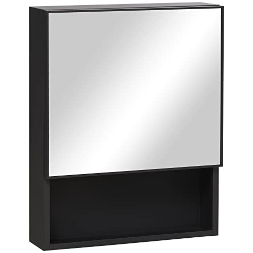 kleankin Spiegelschrank, Hängeschrank, Badezimmerschrank mit Spiegeltür, Badschrank, Aufbewahrungsschrank mit 2 Innenböden und 1 offenem Regal, Wandschrank, Edelstahl, Glas, Schwarz, 46 x 13,5 x 58 cm