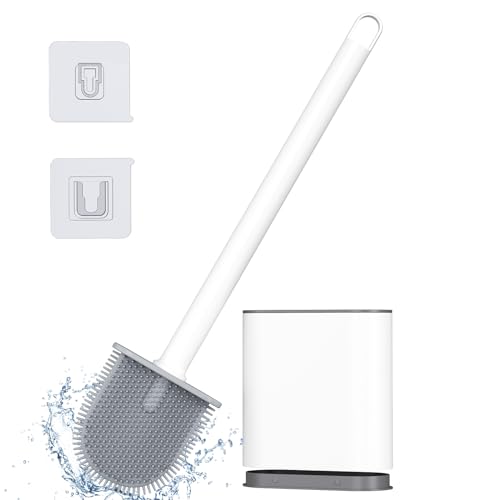 Alyvisun Klobürste Silikon, WC Bürste Silikon, Toilettenbürste mit Halter, Schnelltrocknende WC Bürste Wandmontage, Toilettenbürstenhalter Ohne Bohren, Klobürste Set für Badezimmer, Weiß