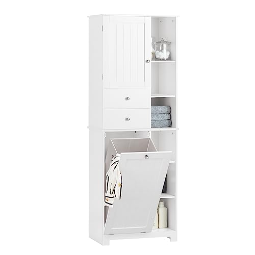 SoBuy BZR104-W Hochschrank mit ausklappbarem Wäschesack Badezimmer Schrank Badschrank schmal Wäscheschrank Badregal Badezimmerschrank Badezimmermöbel Weiß BHT ca. 60x171x37cm