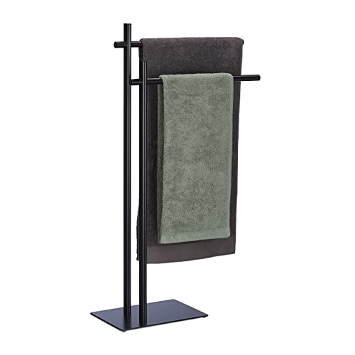 Relaxdays Handtuchhalter stehend, Handtuchständer mit 2 Armen, HBT: 87,5 x 51 x 20 cm, Stahl, Kleiderablage Bad, schwarz
