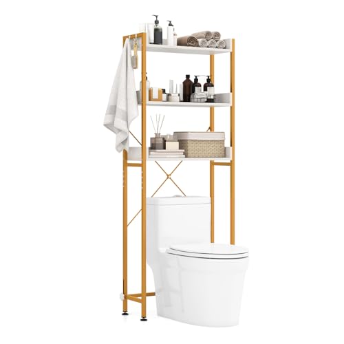COSTWAY 3-stufiges Toilettenregal, Badregal platzsparend, Waschmaschinenregal mit 4 Haken & verstellbaren Füßen, Badezimmerregal für über die Toilette, WC-Regal für Badezimmer (Weiß)