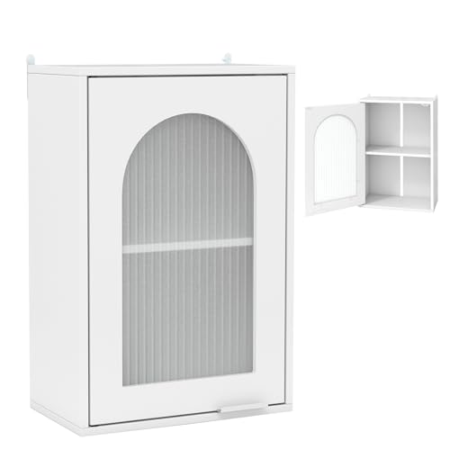 LIFEZEAL Hängeschrank, Wandschrank Holz mit Glastür, Badschrank hängend mit verstellbarem Regal, Medizinschrank platzsparend, 35 x 20 x 52,5 cm, Weiß