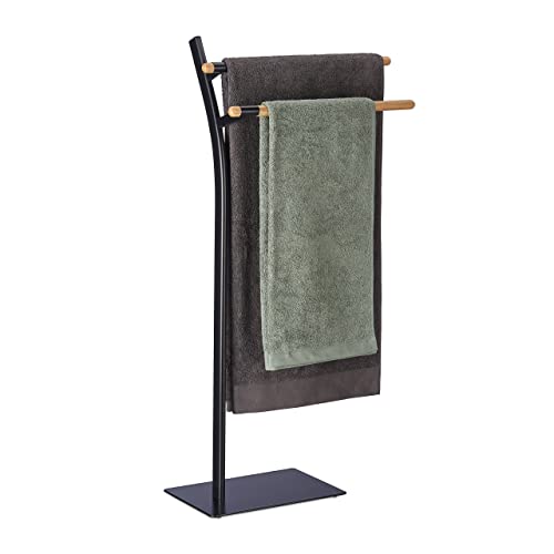 Relaxdays Handtuchhalter, freistehend, Handtuchständer mit 2 Stangen, HBT: 88 x 46,5 x 20 cm, ohne Bohren, schwarz/Natur