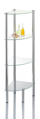 Stand-Eckregal 'Kalundborg', Standregal für Bad & WC mit 4 Glasböden, rostfreies Badregal aus Glas & Chrom, Eck-Regal mit Wandmontage für festen Stand ca. 30 x 30 x 108 cm, Silber