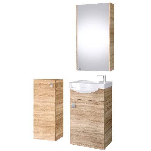 Planetmöbel Badset komplett aus Unterschrank 40cm mit Waschbecken, Spiegelschrank und 1x Midischrank in Sonoma Eiche, Komplettset für Badezimmer 4-teilig