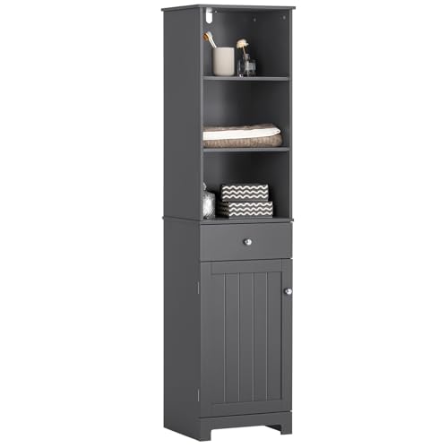 SoBuy Badezimmerschrank Badezimmer Hochschrank Schmal Badezimmermöbel mit 3 Regalfächern, 1 Schublade und 2 Türfächern 40x161x35 cm BZR17-DG