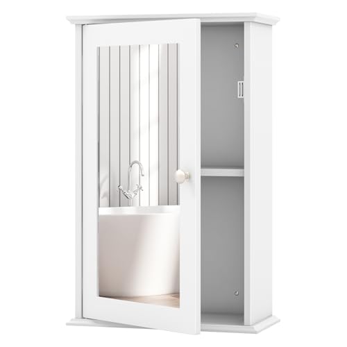 COSTWAY Bad Spiegelschrank, Hängeschrank mit Spiegeltür & Verstellbarer Ablage, Wandschrank Holz, Badezimmerspiegel weiß 34 x 15 x 53cm