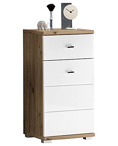 Unterschrank Badezimmerschrank Badregal Badmöbel | Dekor | Artisan Eiche | Weiß Hochglanz | 1 Tür | 1 Schublade | BxHxT 38x73x30 cm