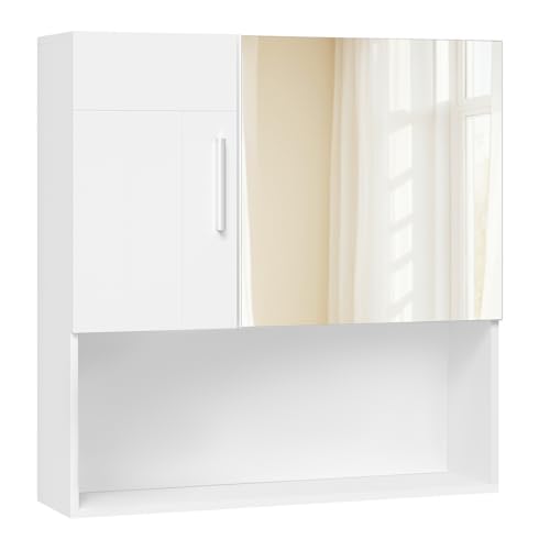 EUGAD Badezimmerschrank mit Spiegel, Spiegelschrank mit Tür Metallscharnieren, Schrank mit 5 Fächern 2 verstellbaren Trennwänden, Hängeschrank aus E1-MDF, Weiß, 54x55x15 cm