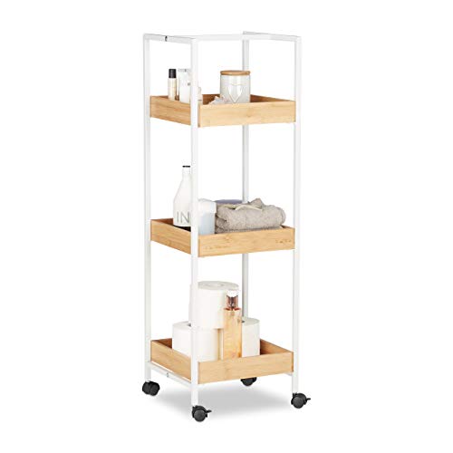 Relaxdays, weiß-braun Badregal mobil, 3 Ablagen, Laufrollen, Allzweckregal HxBxT: ca. 89 x 30 x 30 cm, Holz und Metall, Standard