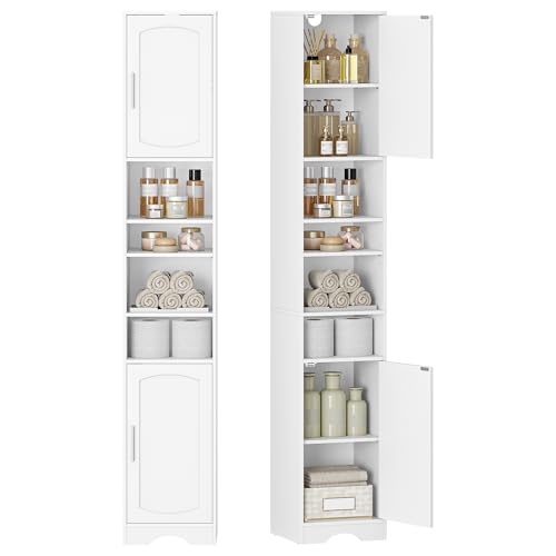 HEXCELEN Badezimmerschrank, Badschrank Schmal Hoch, Hochschrank Badezimmer, Badschrank mit Offenen Fach und Tür, Verstellbaren Ablagen, Platzsparender Badregal, Badmöbel, Modern, 30 × 30 ×180 cm, Weiß