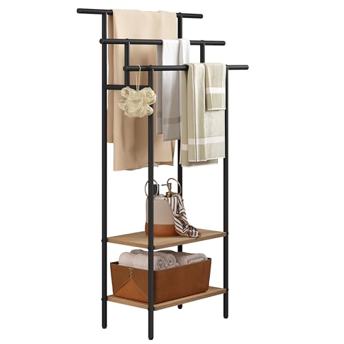 EUGAD, schwarz stehend, 3 Handtuchstangen, Badetuchhalter 2 Ablagen, für Handtücher Badetücher Kleidung, Holzwerkstoff