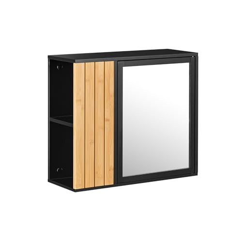 SoBuy Hängeschrank – Badezimmerschrank hängend mit Spiegel und seitlichen Fächern, Spiegelschrank mit höhenverstellbaren Regalen – Wandschrank für Bad, Badschrank, 50x20x45cm, Schwarz, BZR204-SCH