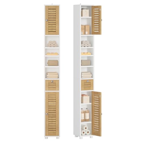 FORABAMB Badezimmerschrank, Badezimmer Hochschrank mit 4 offenen Ablagen, 2 Bambustüren, 1 Schublade, Badschrank Schmal mit Verstellbaren Ablagen, Badmöbel für Wohnzimmer, Küche und Bad, 20x20x180 cm
