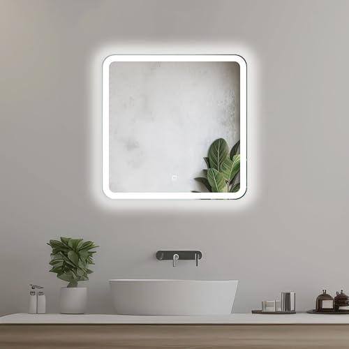 Home Glow Venti 60cm Quadratischer Badezimmerspiegel mit Beleuchtung LED Badspiegel mit Beleuchtung Badezimmer Wandspiegel LED Spiegel mit Berührungsschalter LED Badezimmerspiegel mit LED Frontlicht