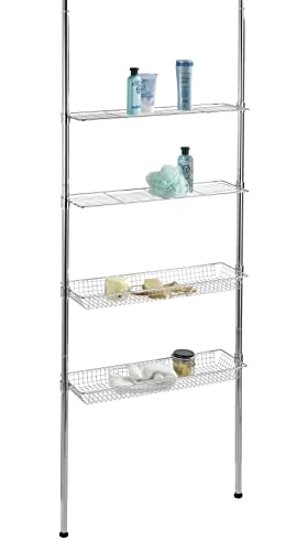 WENKO Teleskopregal Ellera - mit 2 Ablagen und 2 Körben, Stahl, 71 x 65-285 x 20 cm, Chrom