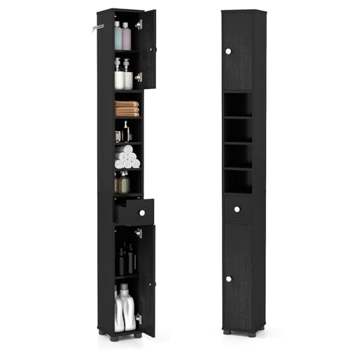 Giantex Badschrank Hochschrank, 20 x 20 x 180 cm, Badezimmerschrank Schmal mit Schublade, 2 Türen & 4 offenen Ablagen, Schrank fürs Badezimmer & Wohnzimmer (4 Ablagen, Schwarz)
