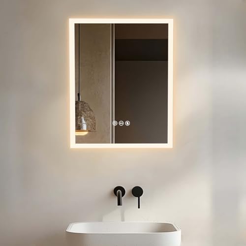 LUVODI LED Badspiegel mit Beleuchtung, Wasserdicht 40x50cm LED Badezimmerspiegel mit Beleuchtung, Touch Schalter, 3 Farbtemperatur dimmbare, Beschlagfrei, Wandspiegel Badezimmer Spiegel