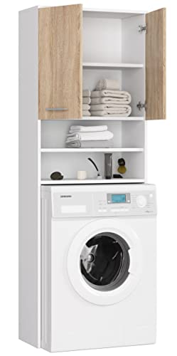 BDW Waschmaschinenschrank 180 x 64 x 30 cm - Badregal Hochschrank Waschmaschine Bad Schrank Badezimmerschrank Überbau (Weiß/Eiche Sonoma)