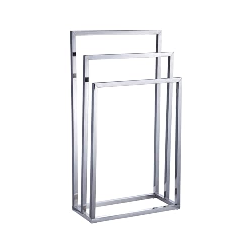 Amig - Verchromter freistehender Handtuchhalter mit 3 Metallstangen - Bodenständer für Badetücher - Moderner Stil mit glänzender Oberfläche und stabilem Sockel - Kein Bohren erforderlich