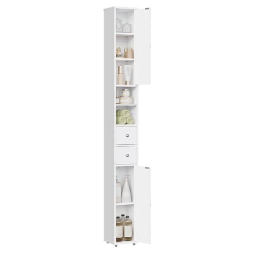 EUGAD Badezimmerschrank, Badschrank schmal hoch, Hochschrank Badezimmer, mit Schubladen Fächern verstellbaren Ablagen Türen, Weiß, MDF, 20x180x20 cm