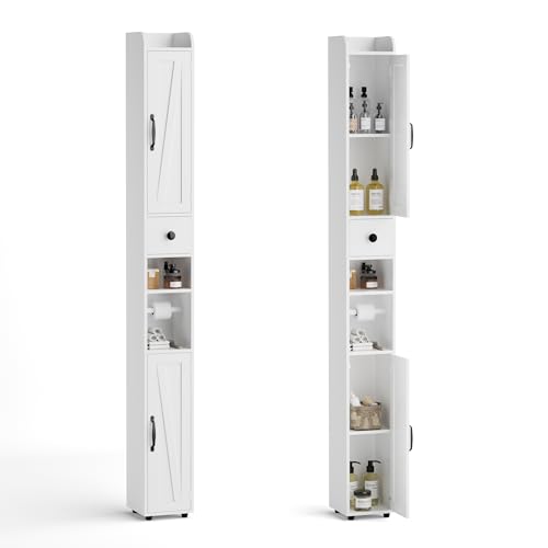 BonVache Badezimmerschrank, Bdschrank schmal mit Verstellbare Ablagen und Halter, Schmaler Hochschrank mit Offenen Fächern und Schublade, für Badezimmer, Wohnzimmer, Küche, kleine Räume, 20x20x180cm