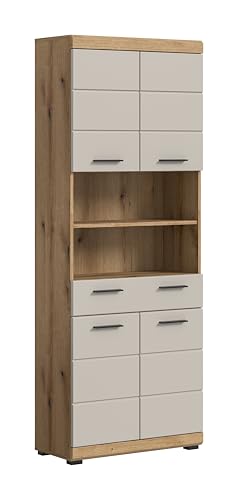 xonox.home – Hochschrank Scout 74x191x31 cm in Evoak Oak und Kaschmir Nachbildung matt – Breiter Hochschrank für Badezimmer – großzügig, robust & stilvoll in Holzoptik