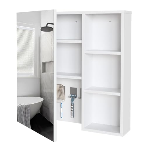 Mondeer Badezimmerschrank mit Spiegel, Spiegelschrank Bad der Wand montiert mit Zahnbürstenhalter und verstellbare Ablagen Gestaltung der Belüftung, 65 x 15 x 65 cm, Weiß