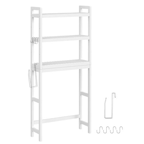 SONGMICS Badezimmerregal für über die Toilette, aus Bambus, 3 Ebenen, Organizer für das Badezimmer, mit verstellbaren Einlegeböden, Belastung 15 kg/Ebene, einfache Montage, Weiß BTS01WT