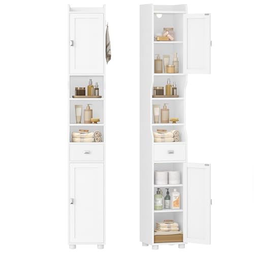 HEXCELEN Badezimmerschrank, Badschrank Schmal Hoch, Hochschrank Badezimmer, Badschrank mit 2 Türen und 1 Schublade, Verstellbaren Ablagen, Offenen Fach, Platzsparender Badregal, 28 x 28 x 180 cm, Weiß