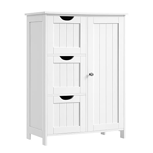 VASAGLE Badezimmerschrank, schmaler Badschrank, Beistellschrank, Kommode, mit 3 Schubladen, Schranktür, verstellbare Ablage, 30 x 60 x 80 cm, wolkenweiß BBC49WT