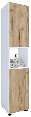 VCM Holz Badezimmerschrank | Badmöbel | Stand Badregal | Hochschrank | Maße ca. H. 153 x B. 31 x T. 30 cm - Flandu Weiß/Honig-Eiche