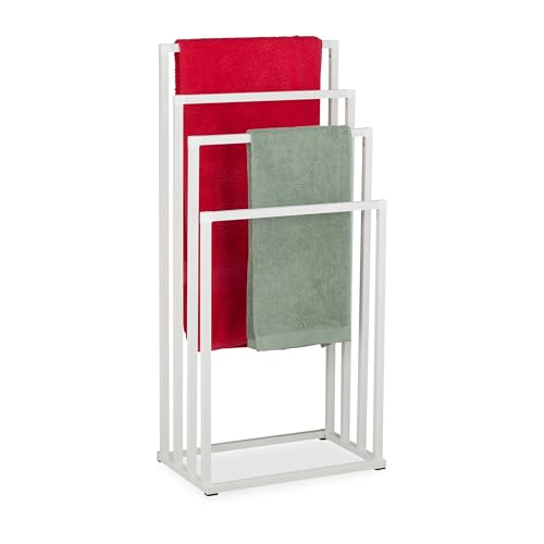 Relaxdays Handtuchständer, HxBxT: 96,5 x 45 x 29 cm, Metall, 4 Stangen, stehender Handtuchhalter, Badezimmer, weiß