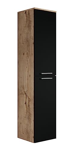 Badezimmer Badschrank Saturnus 160cm Eiche Kastanie mit mat Schwarz - Regal Schrank Hochschrank Schrank Möbel