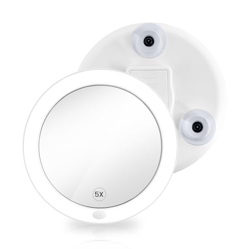 EMKE Kosmetikspiegel mit Beleuchtung mit 5 Fach Vergrößerungsspiegel, LED Badspiegel Vergrößerungsspiegel mit Saugnapf, Lupe für Badezimmer Wandspiegel?Weiß?