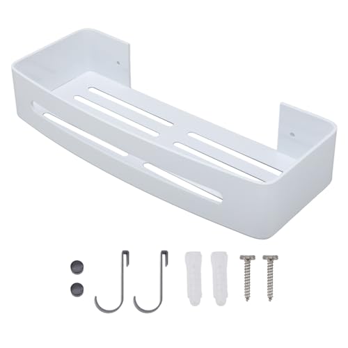 Dusch-Caddy, an der Wand montiertes Lagerregal, einlagiges Badregal, Badezimmer-Organizer, Regal-Organizer, Küche, Gewürzregal, schwebende Wandregale mit Haken (Weiß)