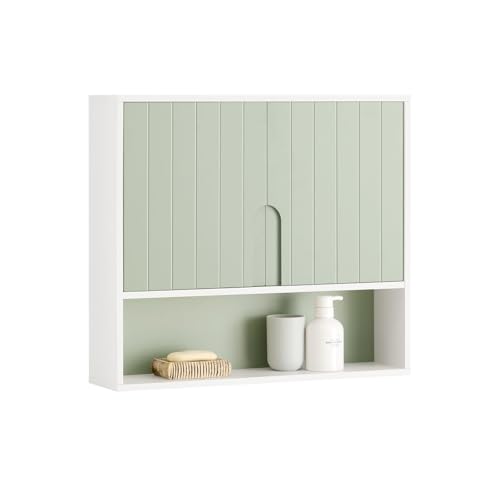 SoBuy Hängeschrank für Badezimmer und Küche Wandmontierter Badschrank Hängend, Weiß, 60 x 15 x 54 cm, Verstellbare Regale, Badezimmer Hängeschrank mit Türen, Praktischer Wandschrank BZR140-GR