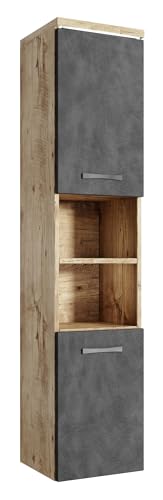 Badezimmer Schrank Paso 160cm Kastanien Eiche mit Dunkle Grau – Regal Schrank Hochschrank Schrank Möbel Badschrank