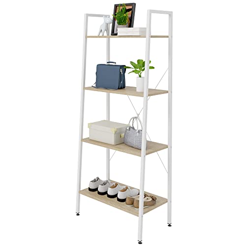 eSituro Bücherregal Leiterregal 4 Ablagen Standregal Aufbewahrung Küchenregal Badregal 60x35x148CM Weiß+hell Eiche SSTR0039