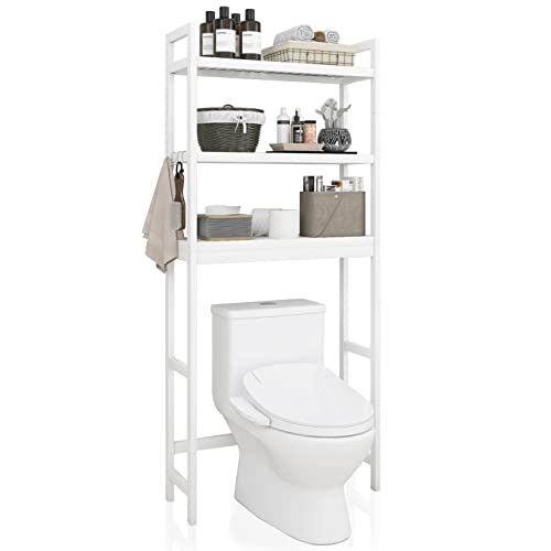 SMIBUY Toilettenregal, Bambus WC Regal, Verstellbar Waschmaschinenregal, Badezimmerregal mit 3 Ablageflächen, platzsparend, leicht zu montieren, Weiß