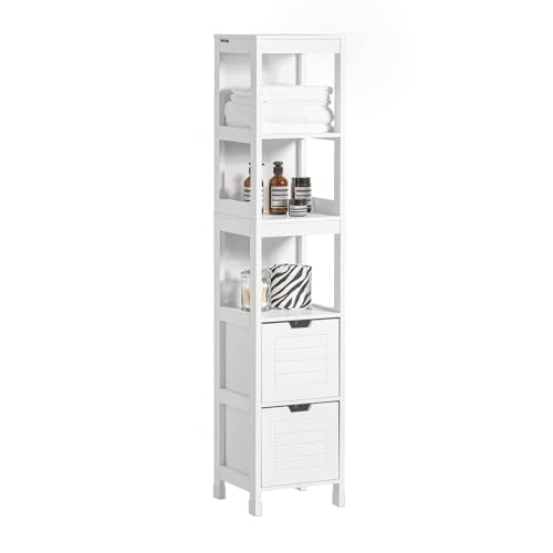 SoBuy Badezimmerschrank Hochschrank Badezimmer Badschrank schmal mit 3 offenen Fächern und 2 Körben Badregal Schmal 30cm Breit Badmöbel Weiß für Badezimmer, kleine Räume 30x30x144cm FRG126-W